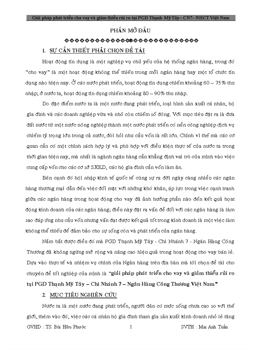 Giải pháp phát triển cho vay và giảm thiểu rủi ro tại PGD Thạnh Mỹ Tây Chi Nhánh 7 Ngân Hàng Công Thương Việt Nam 1