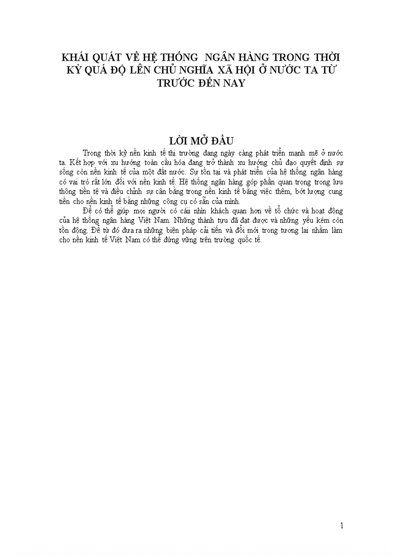 Khái quát về hệ thống ngân hàng trong thời kỳ quá độ lên chủ nghĩa xã hội ở nước ta từ trước đến nay