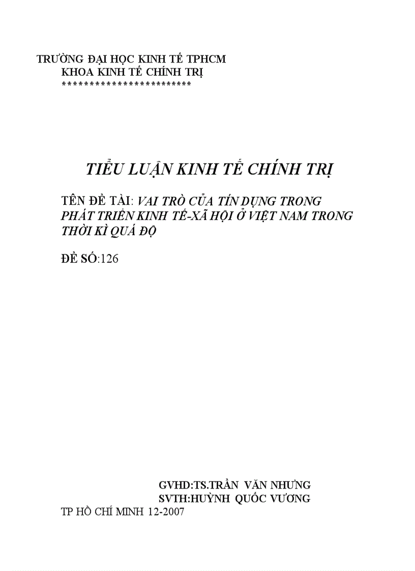 Vai trò của tín dụng trong phát triển kinh tế xã hội ở việt nam trong thời kì quá độ