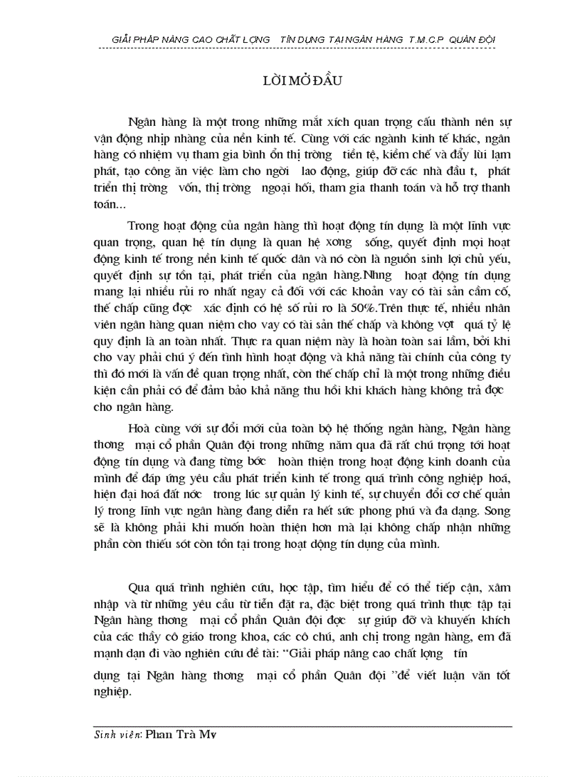 Giải pháp nâng cao chất lượng tín dụng tại Ngân hàng t m c p Quân đội