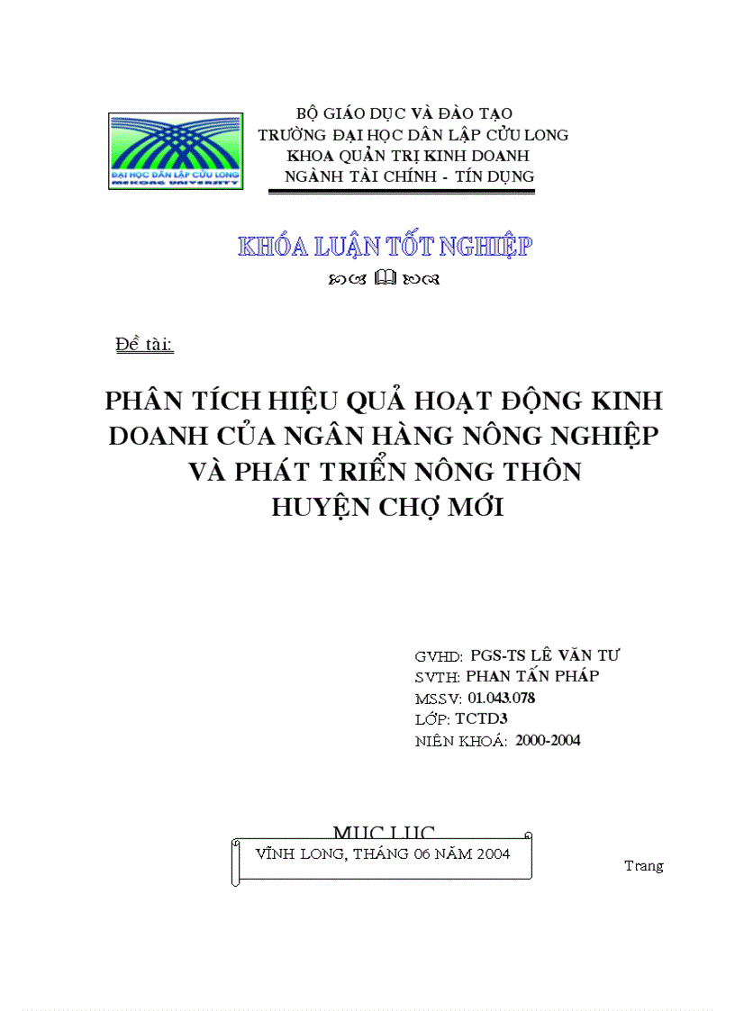 Phân tích hiệu quả hoạt động kinh doanh của ngân hàng nông nghiệp và phát triển nông thôn