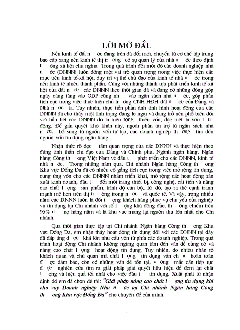 Giải pháp nâng cao chất lượng tín dụng khi cho vay Doanh nghiệp Nhà nươớc tại Chi nhánh Ngân hàng Công thương Khu vực Đống Đa 1