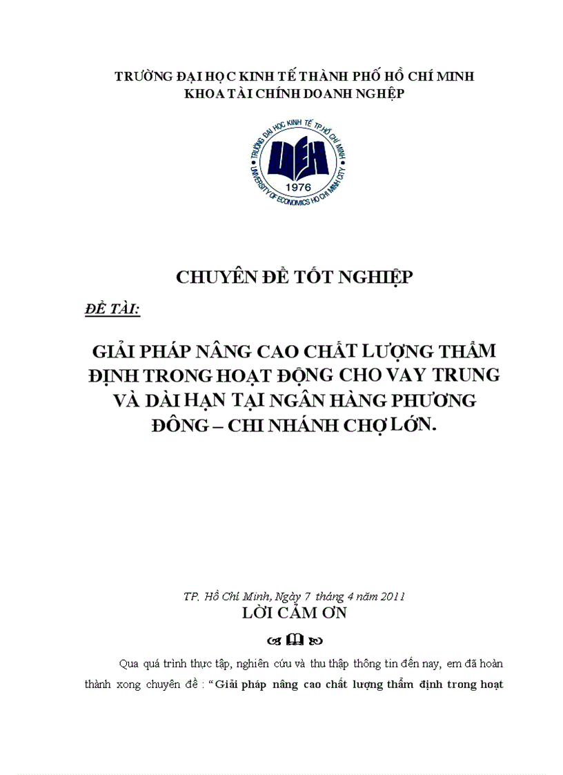 Giải pháp nâng cao chất lượng thẩm định trong hoạt động cho vay trung và dài hạn tại ngân hàng phương đông chi nhánh chợ lớn