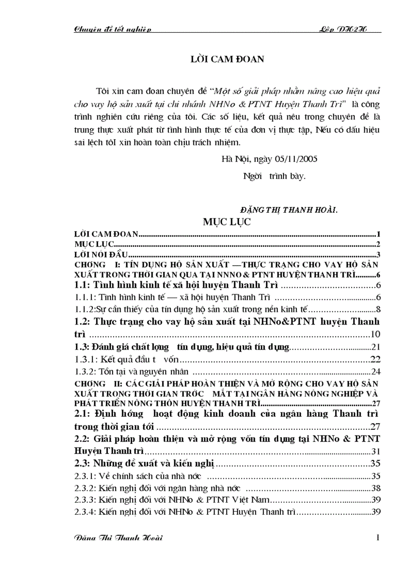 Một số giải pháp nhằm nâng cao hiệu quả cho vay hộ sản xuất tại chi nhánh NHNo PTNT Huyện Thanh Trì 1