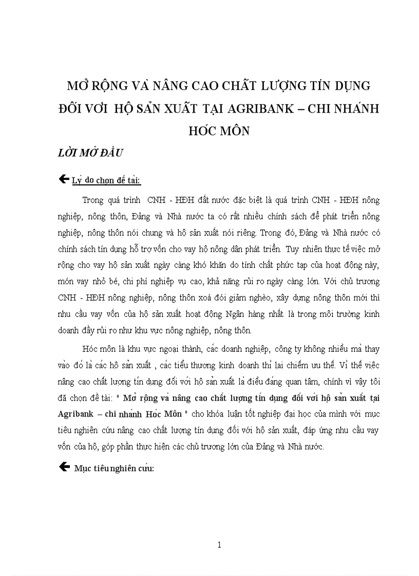 Mở rộng và nâng cao chất lượng tín dụng đối với hộ sản xuất tại agribank chi nhánh hóc môn