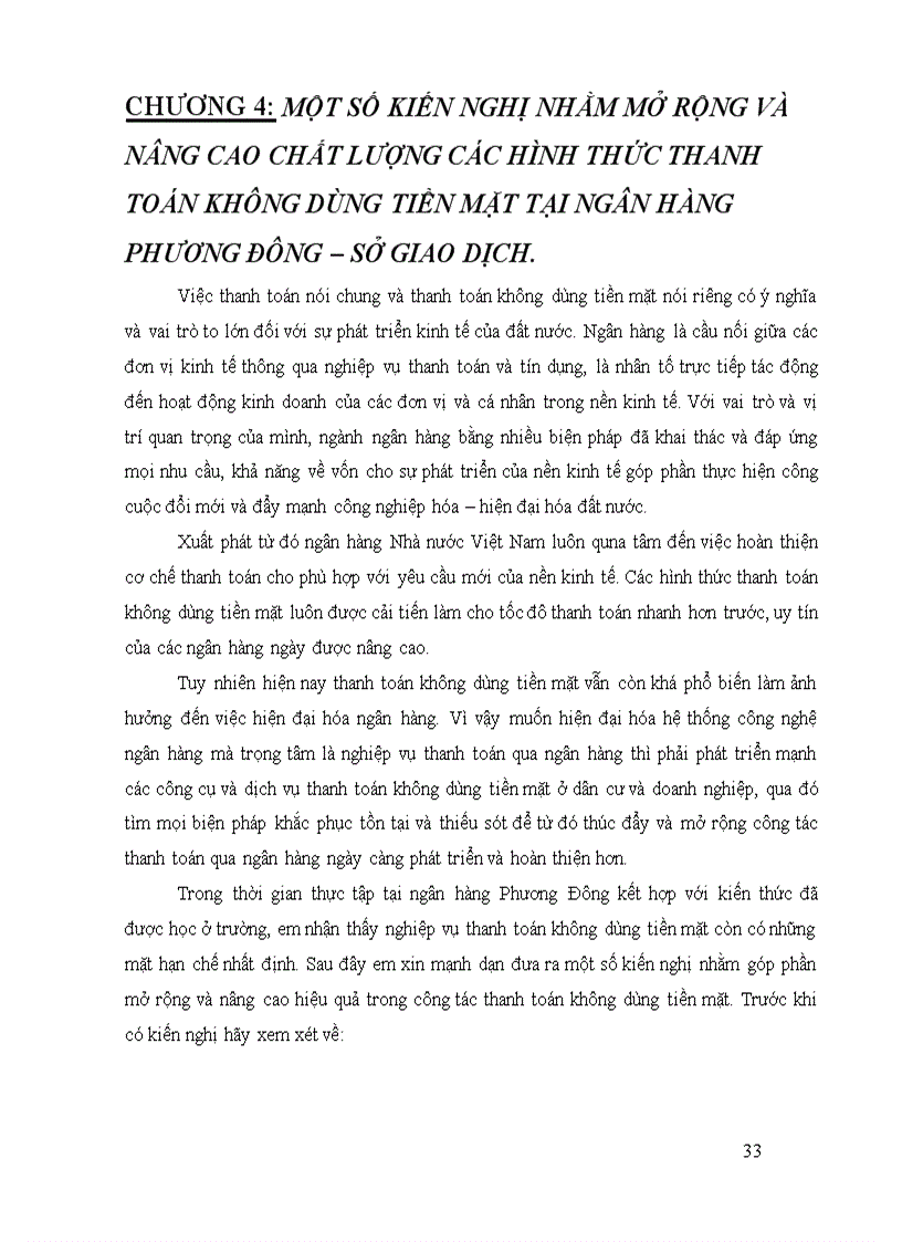 Một số kiến nghị nhằm mở rộng và nâng cao chất lượng các hình thức thanh toán không dùng tiền mặt tại ngân hàng phương đông sở giao dịch