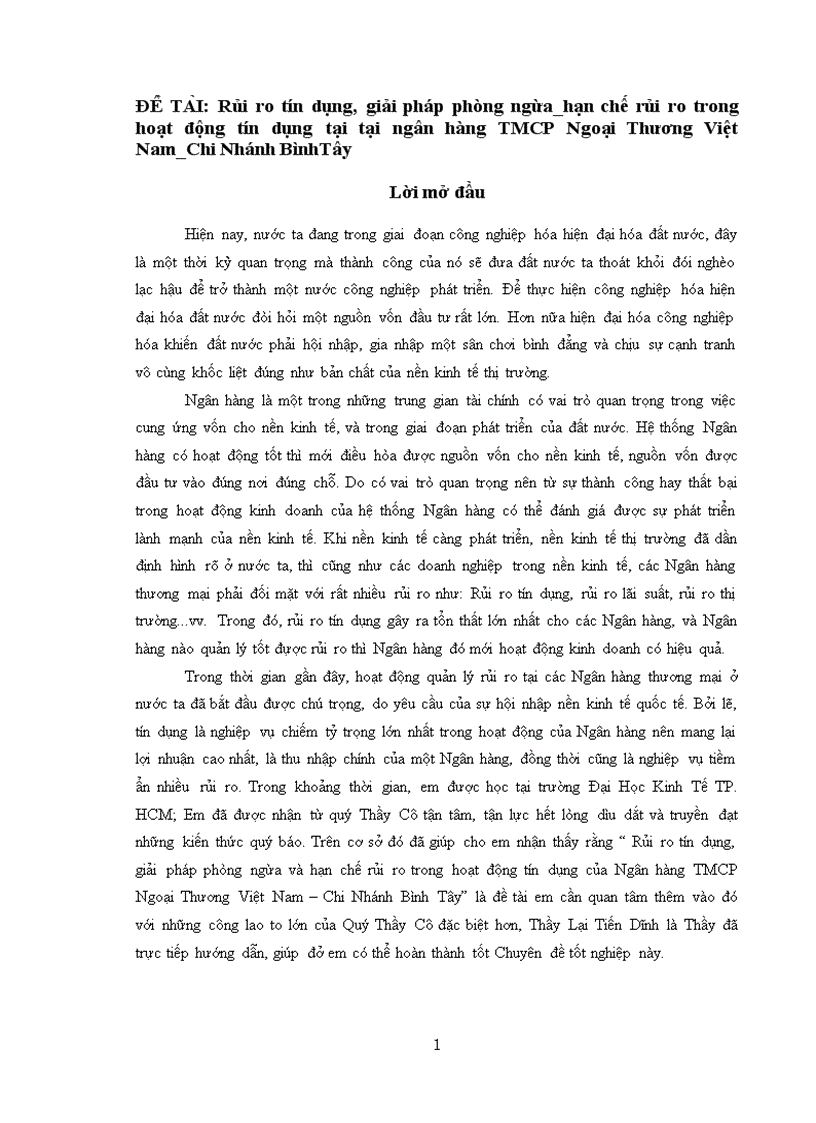 Rủi ro tín dụng giải pháp phòng ngừa hạn chế rủi ro trong hoạt động tín dụng tại tại ngân hàng TMCP Ngoại Thương Việt Nam Chi Nhánh BìnhTây