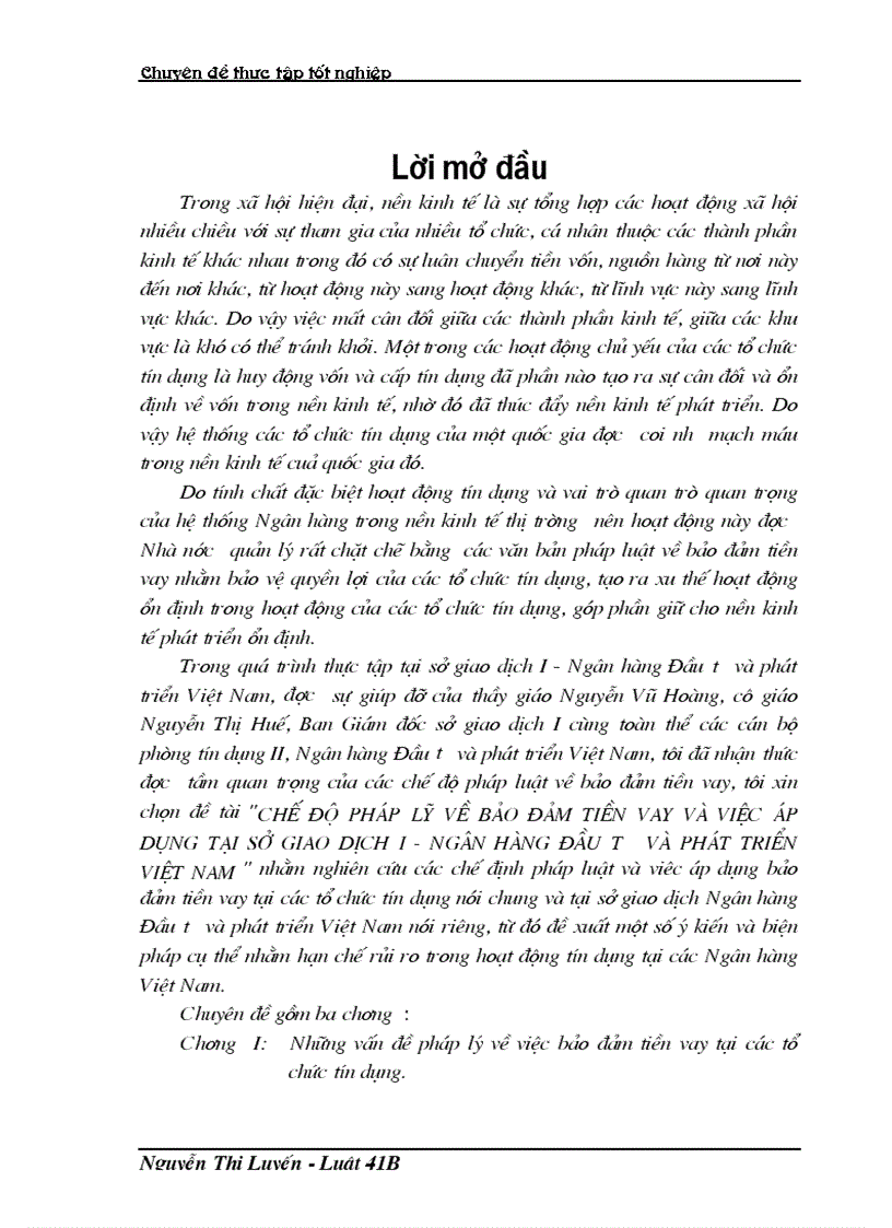 Chế độ pháp lý về bảo đảm tiền vay và việc áp dụng tại sở giao dịch I Ngân hàng đầu tư và phát triển việt nam 1