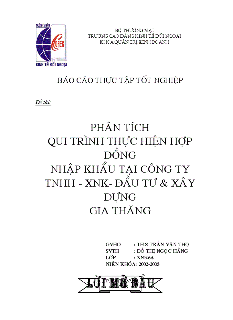 Phân tích qui trình thực hiện hợp đồng nhập khẩu tại Công ty TNHH XNK đầu tư xây dựng GIA THĂNG