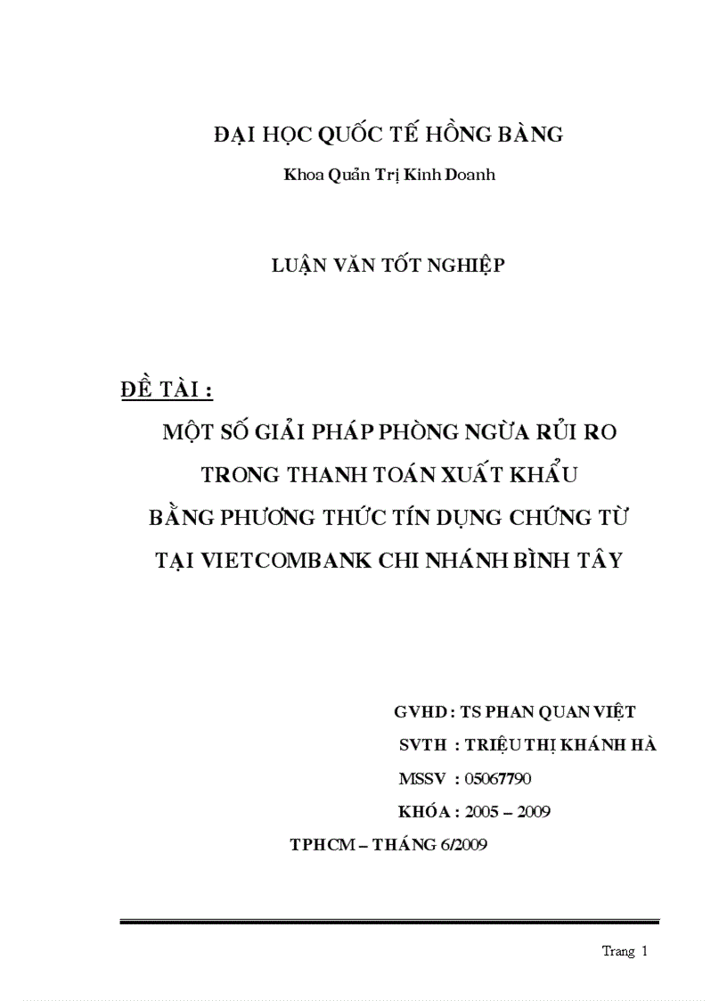 Một số giải pháp phòng ngừa rủi ro trong thanh toán xuất khẩu bằng phương thức tín dụng chứng từ tại vietcombank chi nhánh bình tây