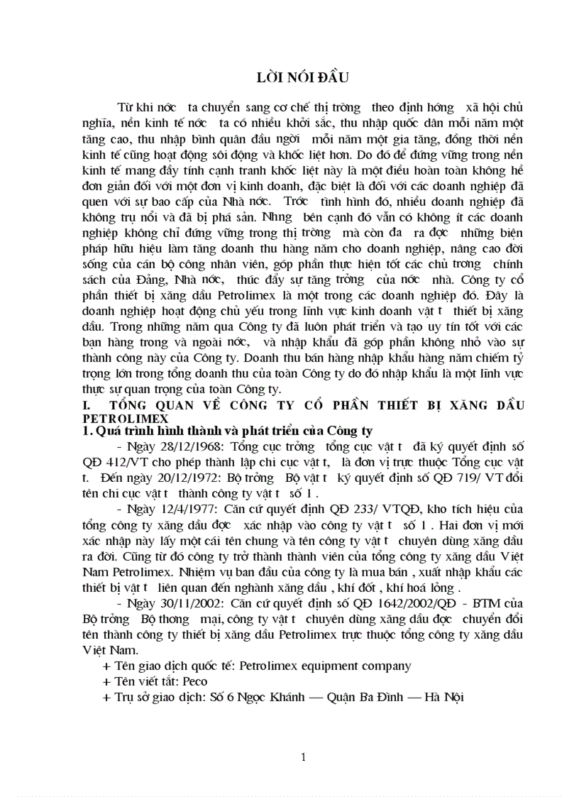 Một số giải pháp nhằm nâng cao hiệu quả hoạt động kinh doanh nhập khẩu hàng hoá của Công ty cổ phần thiết bị xăng dầu Petrolimex 1
