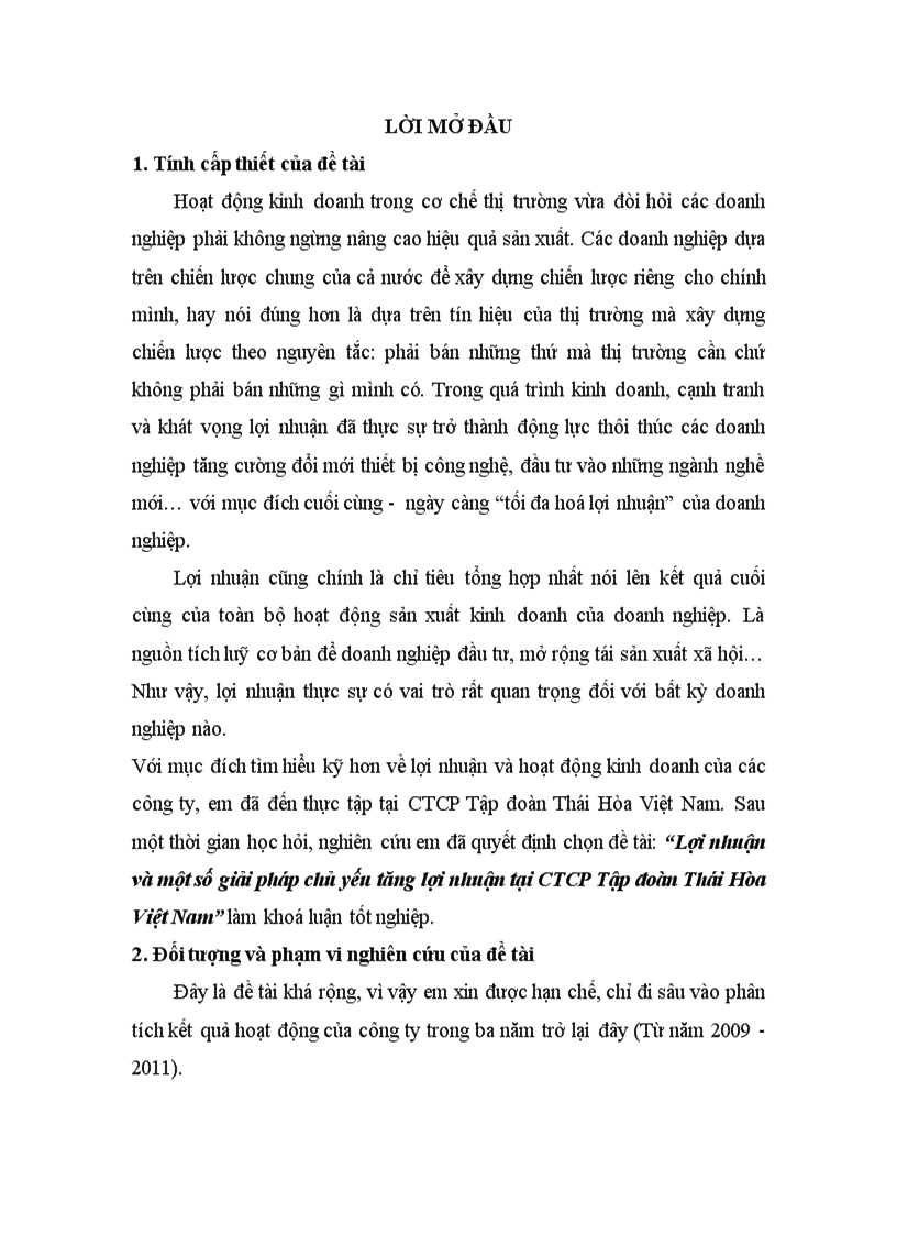 Lợi nhuận và một số giải pháp chủ yếu tăng lợi nhuận tại CTCP Tập đoàn Thái Hòa Việt Nam