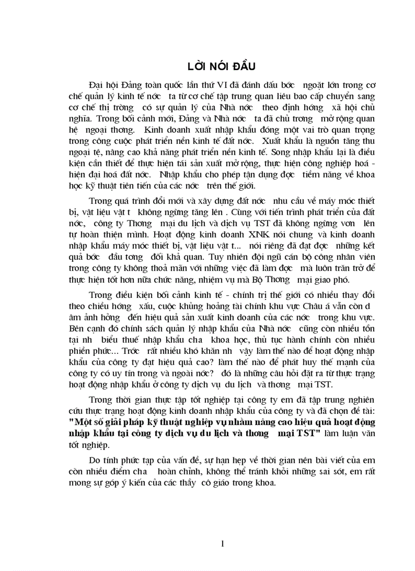 Một số giải pháp kỹ thuật nghiệp vụ nhằm nâng cao hiệu quả hoạt động nhập khẩu tại công ty dịch vụ du lịch và thương mại TST 1