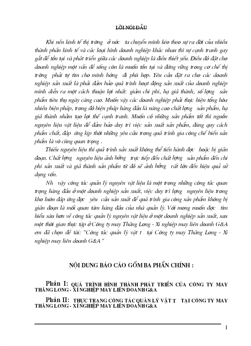 Công tác quản lý vật tư tại Công ty may Thăng Long Xí nghiệp may liên doanh G A 1