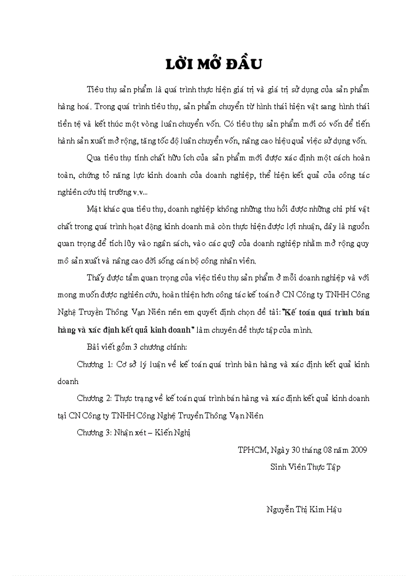 Kế toán quá trình bán hàng và xác định kết quả kinh doanh tại CN Công ty TNHH Công Nghệ Truyền Thông Vạn Niên