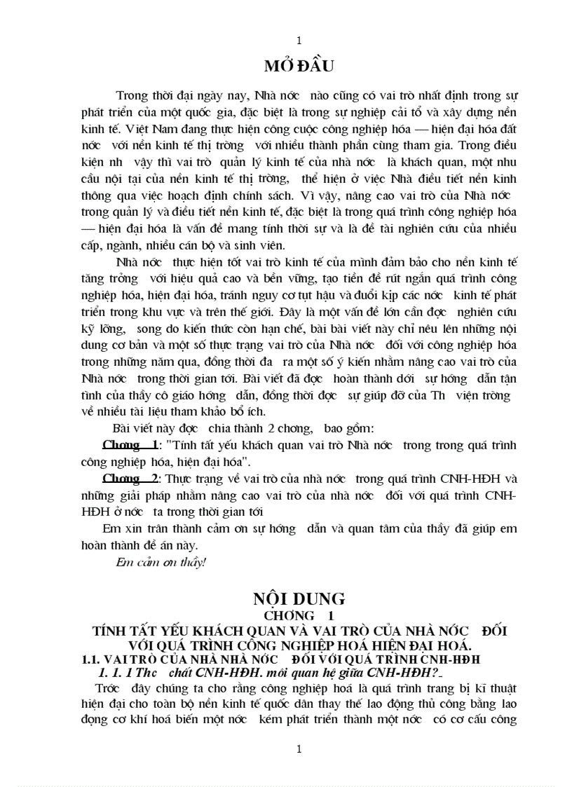 Thực trạng về vai trò của nhà nước trong quá trình CNH HĐH và những giải pháp nhằm nâng cao vai trò của nhà nước đối với quá trình CNH HĐH ở nước ta trong thời gian tới 1