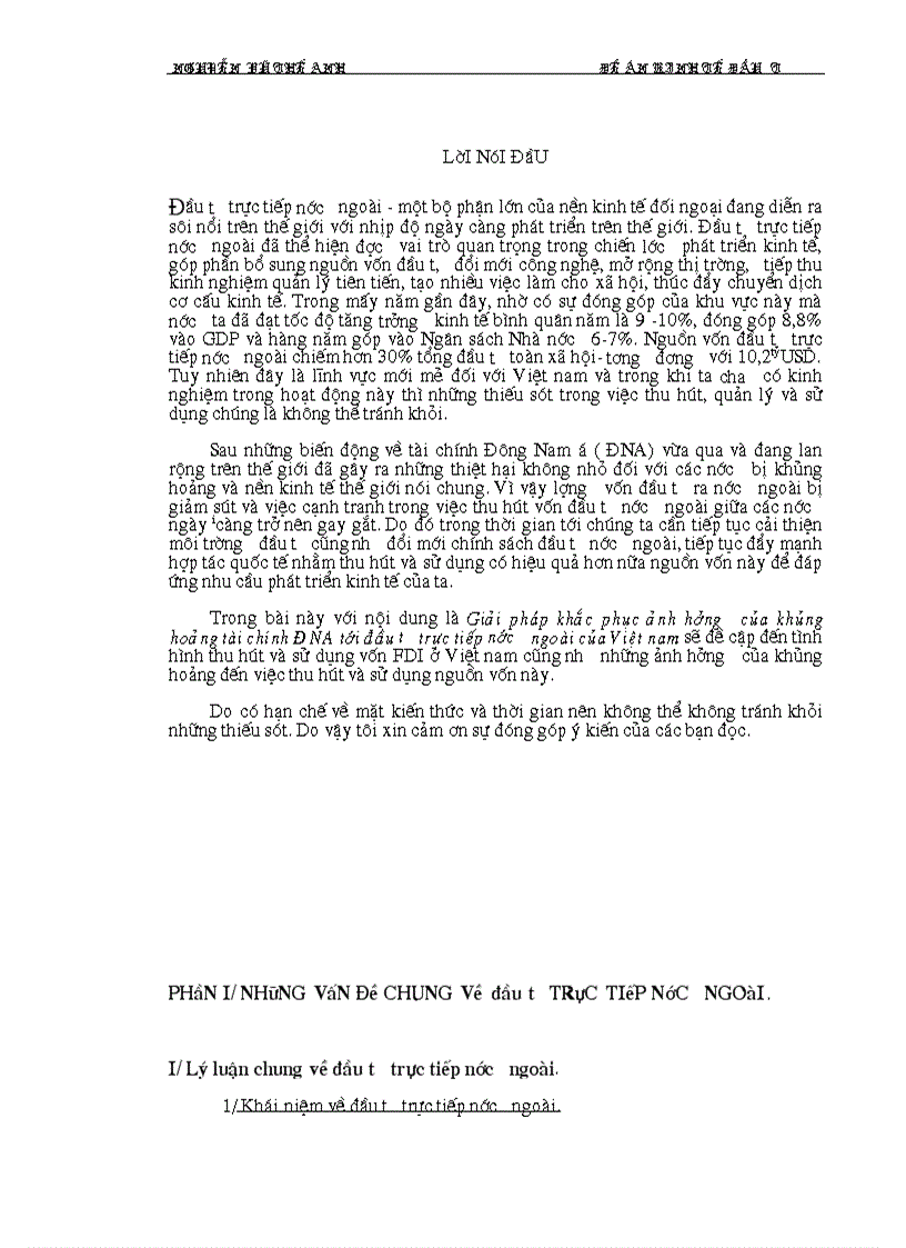 Giải pháp khắc phục ảnh hưởng của khủng hoảng tài chính ĐNA tới đầu tư trực tiếp nước ngoài của Việt nam