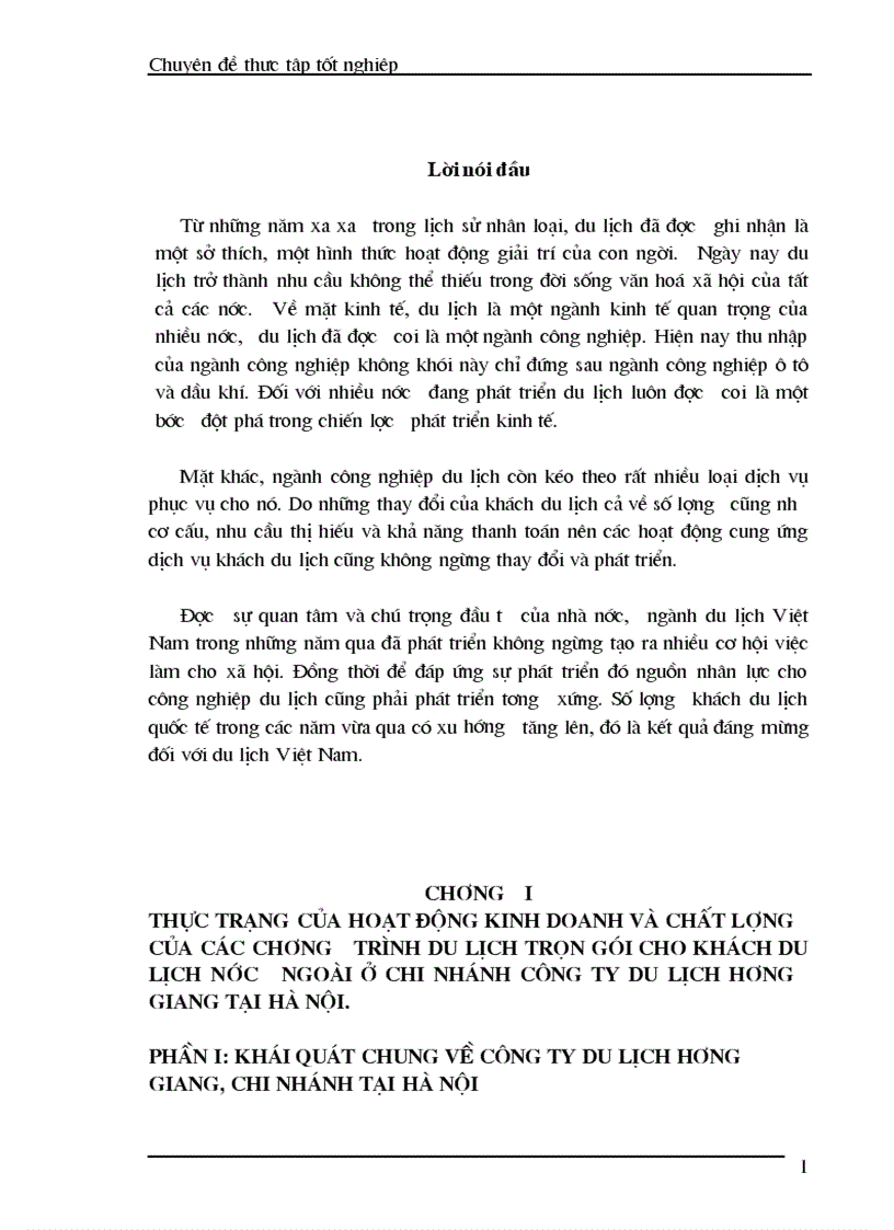 Thực trạng của hoạt động kinh doanh và chất lượng của các chương trình du lịch trọn gói cho khách du lịch nước ngoài ở Chi nhánh Công ty du lịch Hương Giang tại Hà Nội