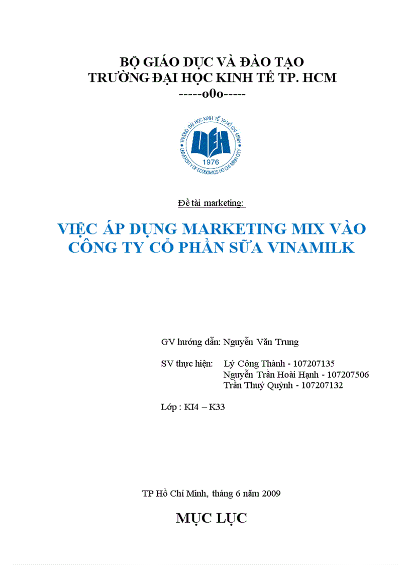 Việc áp dụng Marketing MIX vào Công ty Cổ phần sữa Vinamilk