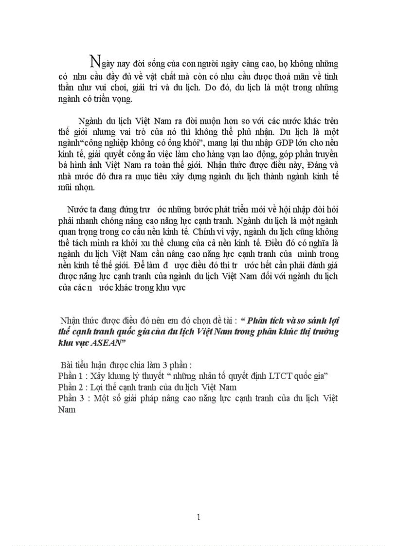 Phân tích và so sánh lợi thế cạnh tranh quốc gia của du lịch Việt Nam trong phân khúc thị trường khu vực ASEAN