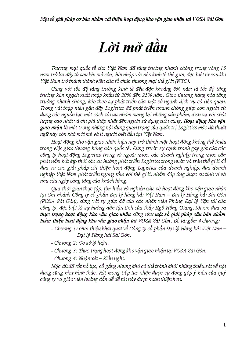 Giải pháp căn bản nhằm hoàn thiện hoạt động kho vận giao nhận tại VOSA Sài Gòn