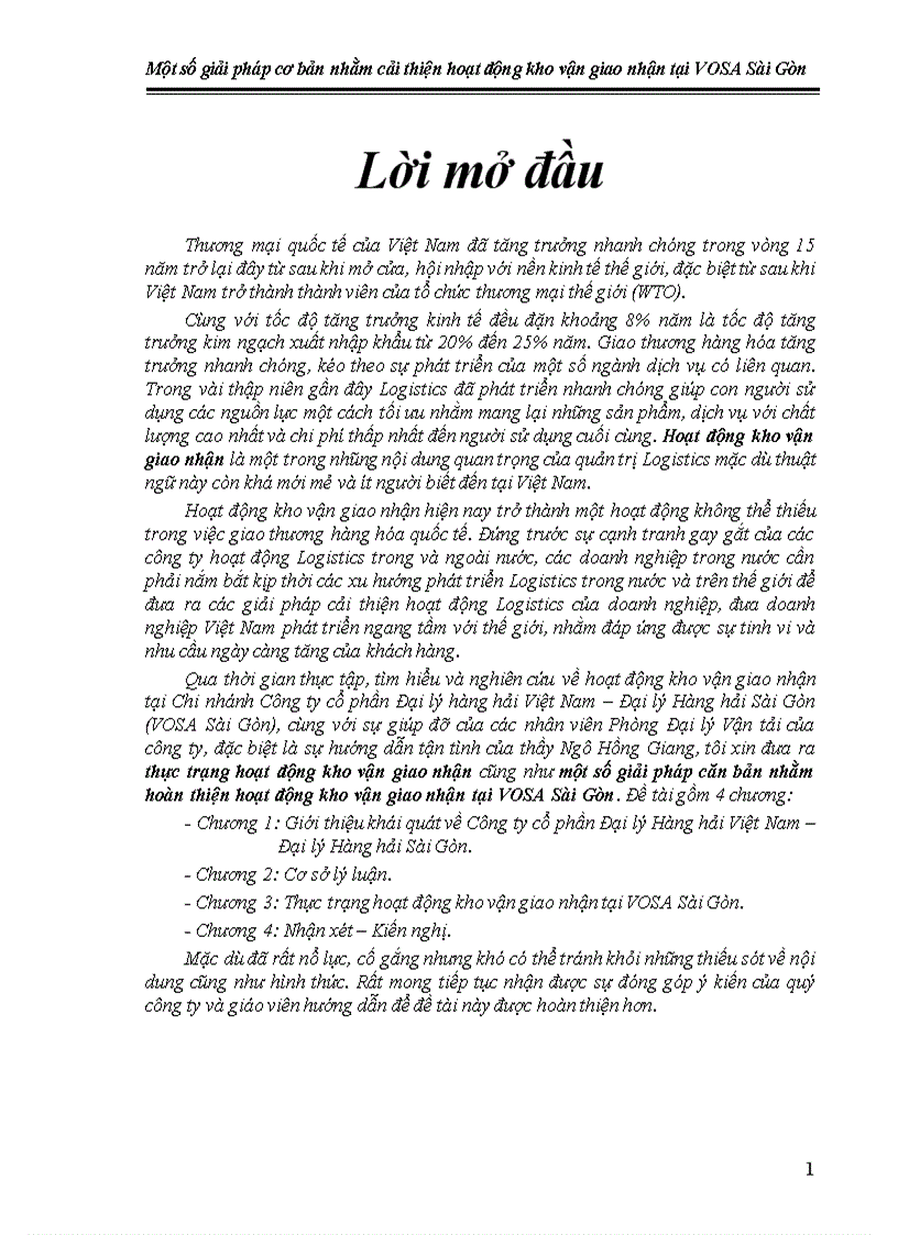 Một số giải pháp căn bản nhằm hoàn thiện hoạt động kho vận giao nhận tại VOSA Sài Gòn