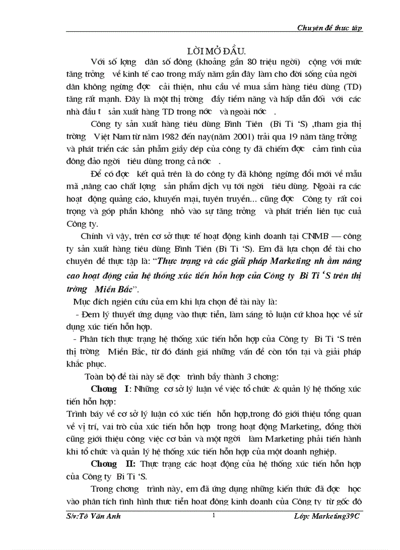 Thực trạng và các giải pháp Marketing nhằm nâng cao hoạt động của hệ thống xúc tiến hỗn hợp của Công ty Bi Ti S trên thị trường Miền Bắc 1