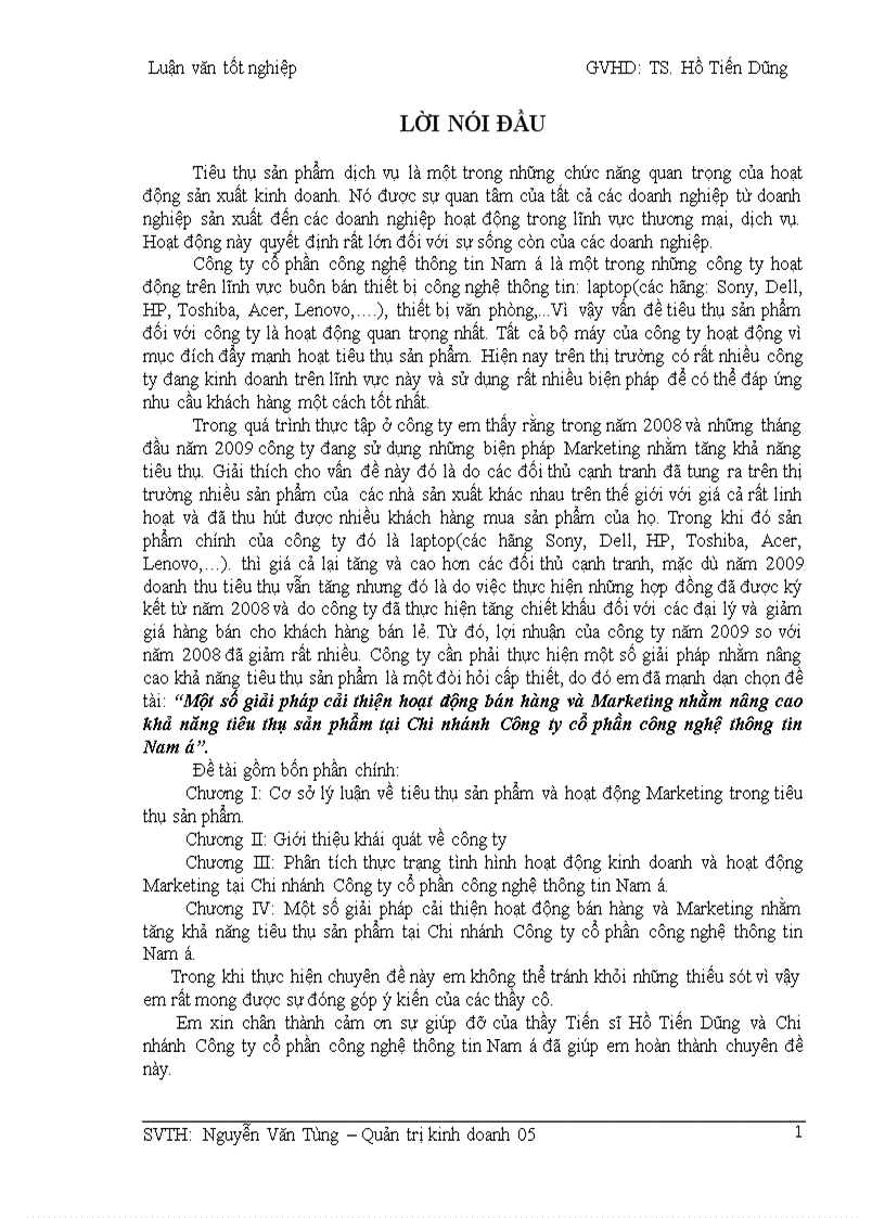 Một số giải pháp cải thiện hoạt động bán hàng và Marketing nhằm nâng cao khả năng tiêu thụ sản phẩm tại Chi nhánh Công ty cổ phần công nghệ thông tin Nam á