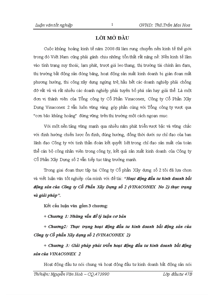 Hoạt động đầu tư kinh doanh bất động sản của Công ty Cổ Phần Xây Dựng số 2 VINACONEX No 2 thực trạng và giải pháp