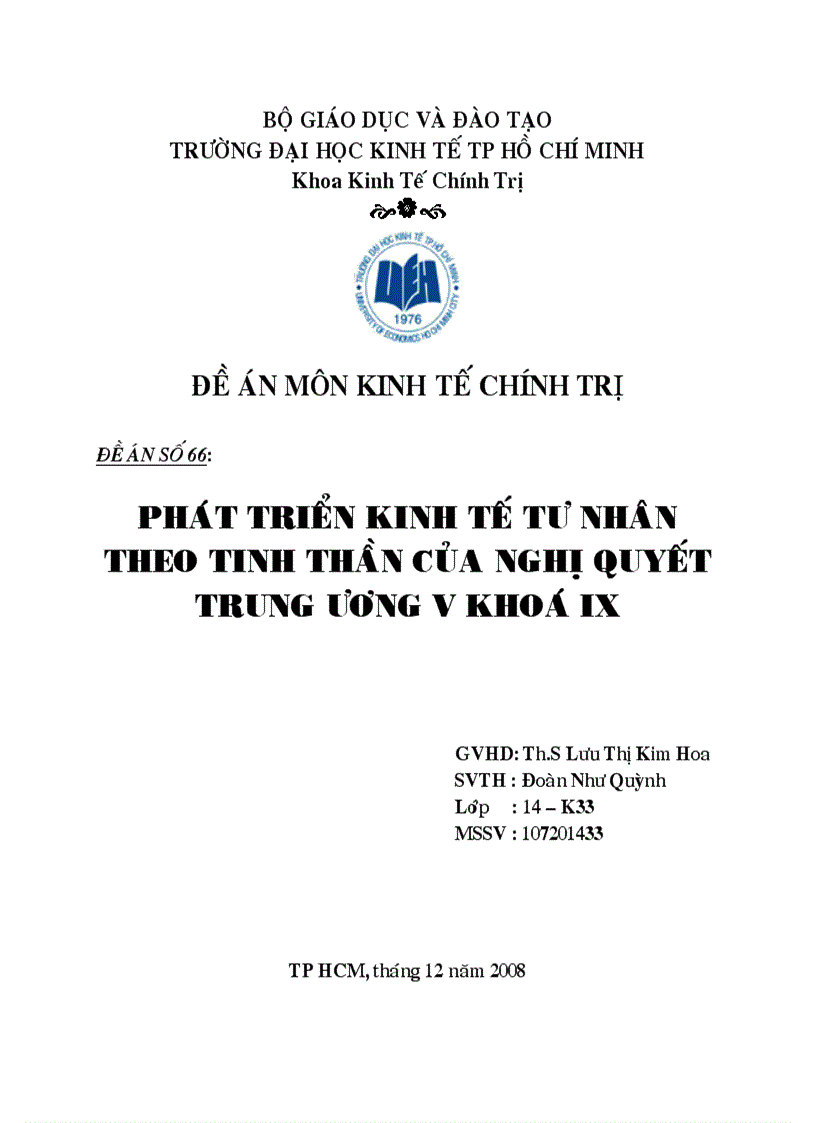 Phát triển kinh tế tư nhân theo tinh thần của nghị quyết trung ương v khoá IX