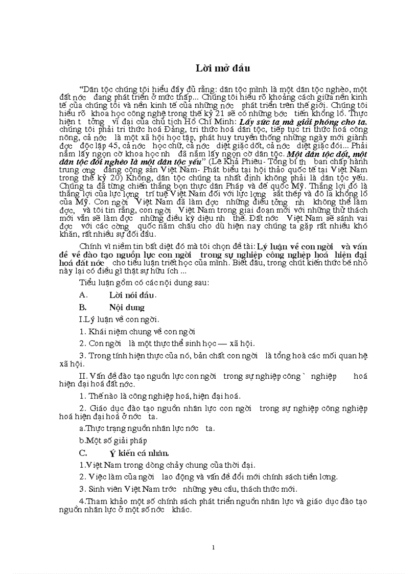 Lý luận về con người và vấn đề về đào tạo nguồn lực con người trong sự nghiệp công nghệp hoá hiện đại hoá đất nước 1
