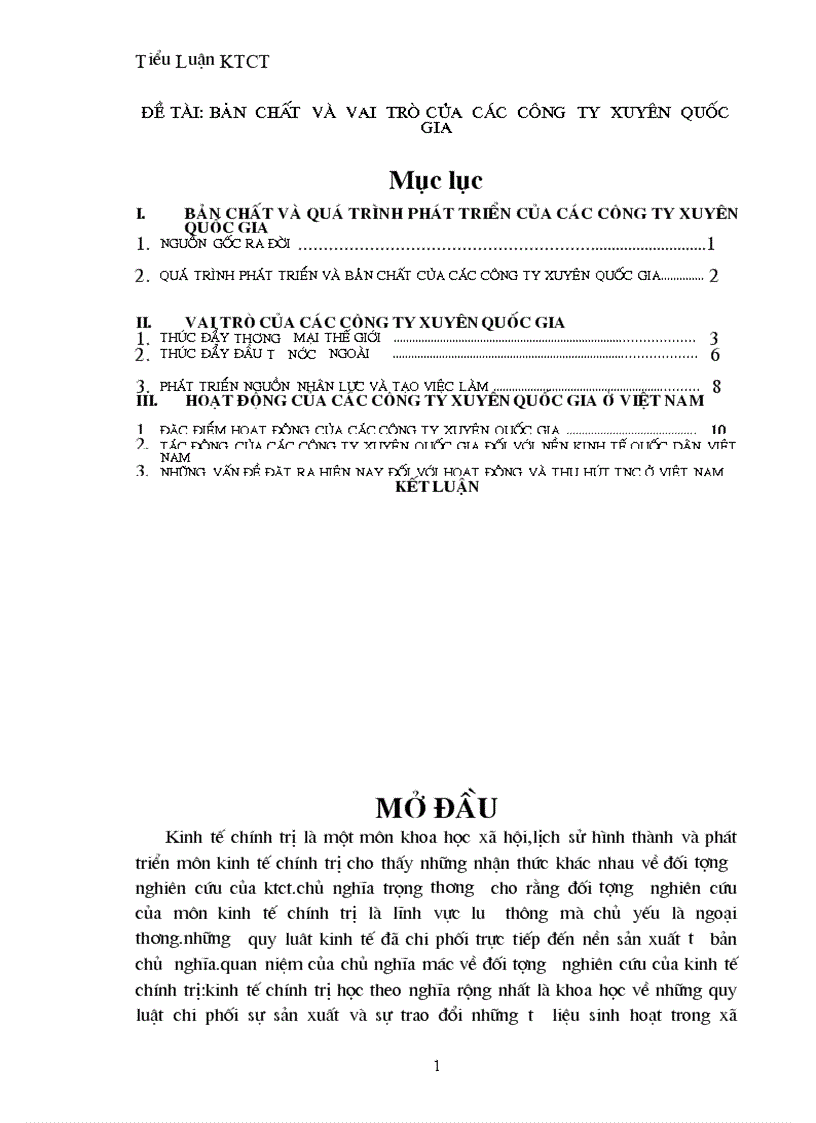Bản chất và vai trò của các công ty xuyên quốc gia trong việc phát triển nền kinh tế