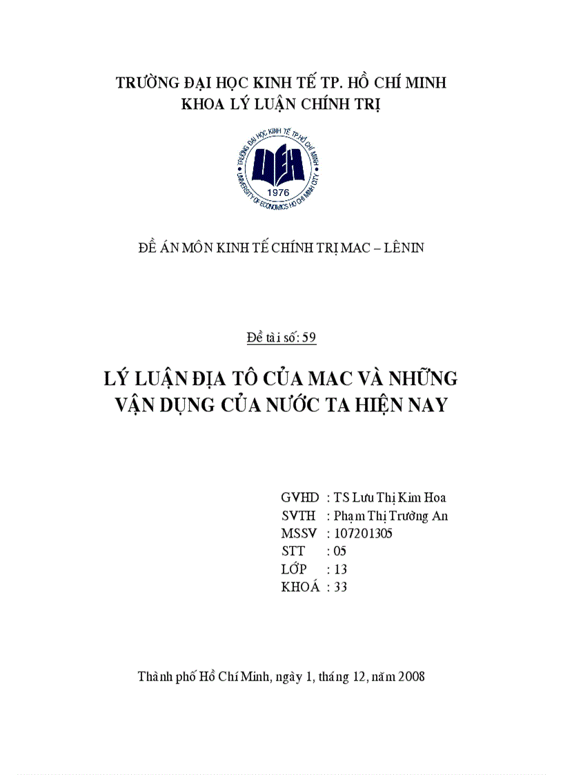 Lý luận địa tô của mac và những vận dụng của nước ta hiện nay