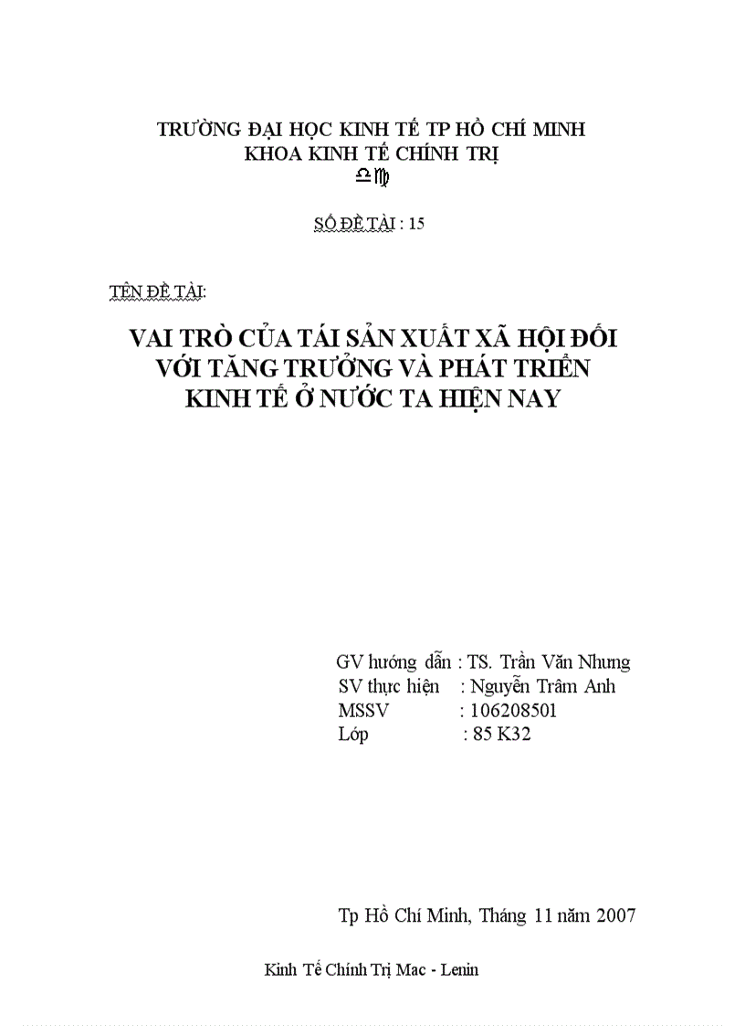 Vai trò của tái sản xuất xã hội đối với tăng trưởng và phát triển kinh tế ở nước ta hiện nay