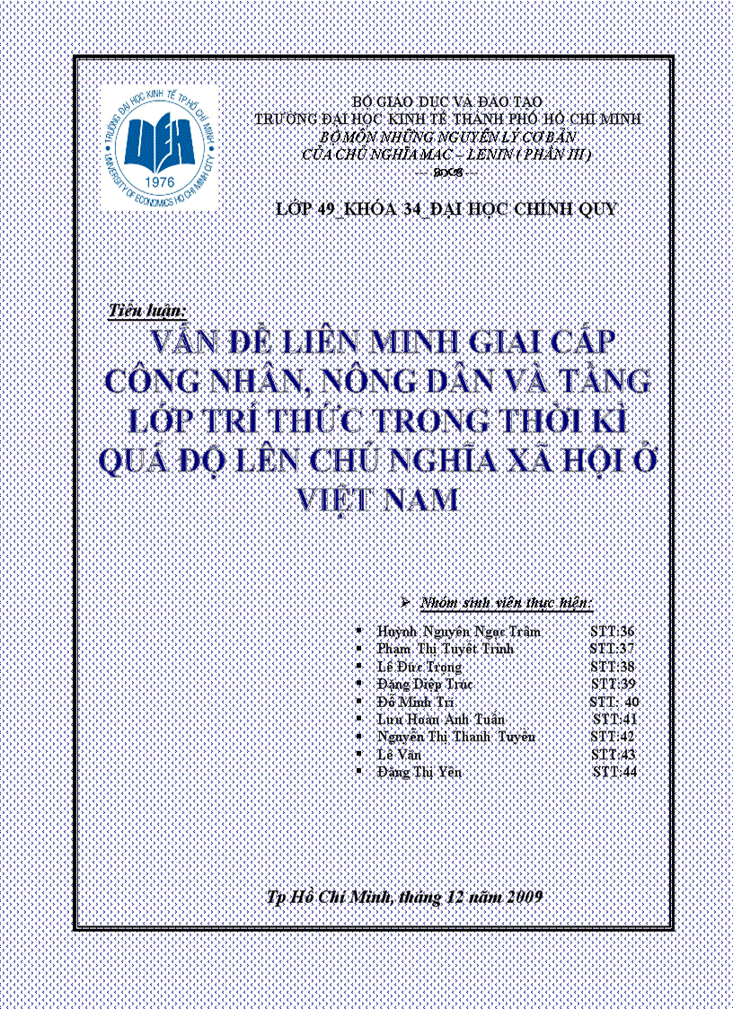 Vấn đề liên minh giai cấp công nhân nông dân và tầng lớp trí thức trong thời kì quá độ lên chủ nghĩa xã hội ở Việt Nam