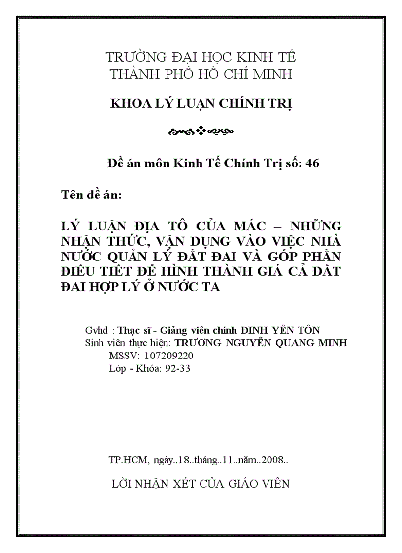 Lý luận địa tô của mác những nhận thức vận dụng vào việc nhà nước quản lý đất đai và góp phần điều tiết để hình thành giá cả đất đai hợp lý ở nước ta