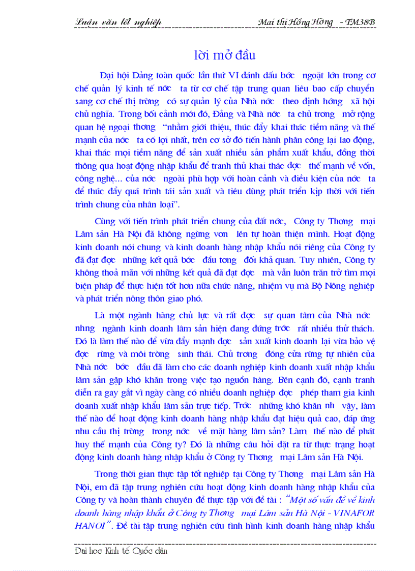 Một số vấn đề về kinh doanh hàng nhập khẩu ở Công ty Thương mại Lâm sản Hà Nội VINAFOR HANOI