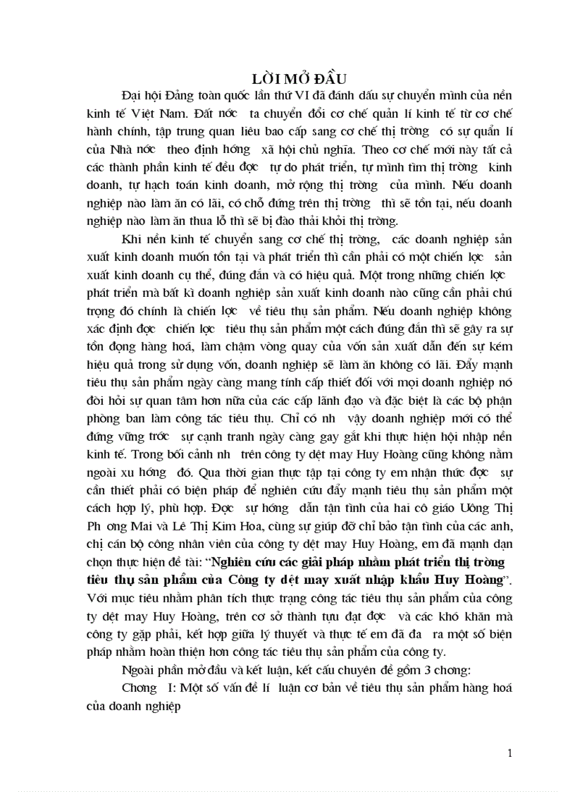 Nghiên cứu các giải pháp nhằm phát triển thị trường tiêu thụ sản phẩm của Công ty dệt may xuất nhập khẩu Huy Hoàng