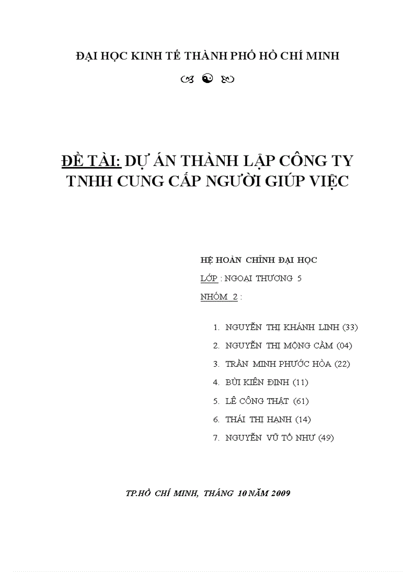 Dự án thành lập Công ty TNHH cung cấp người giúp việc