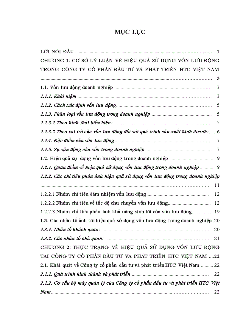 Giải pháp nâng cao hiệu quả sử dụng vốn lưu động tại Công ty Cổ phần đầu tư và phát triển HTC Việt Nam