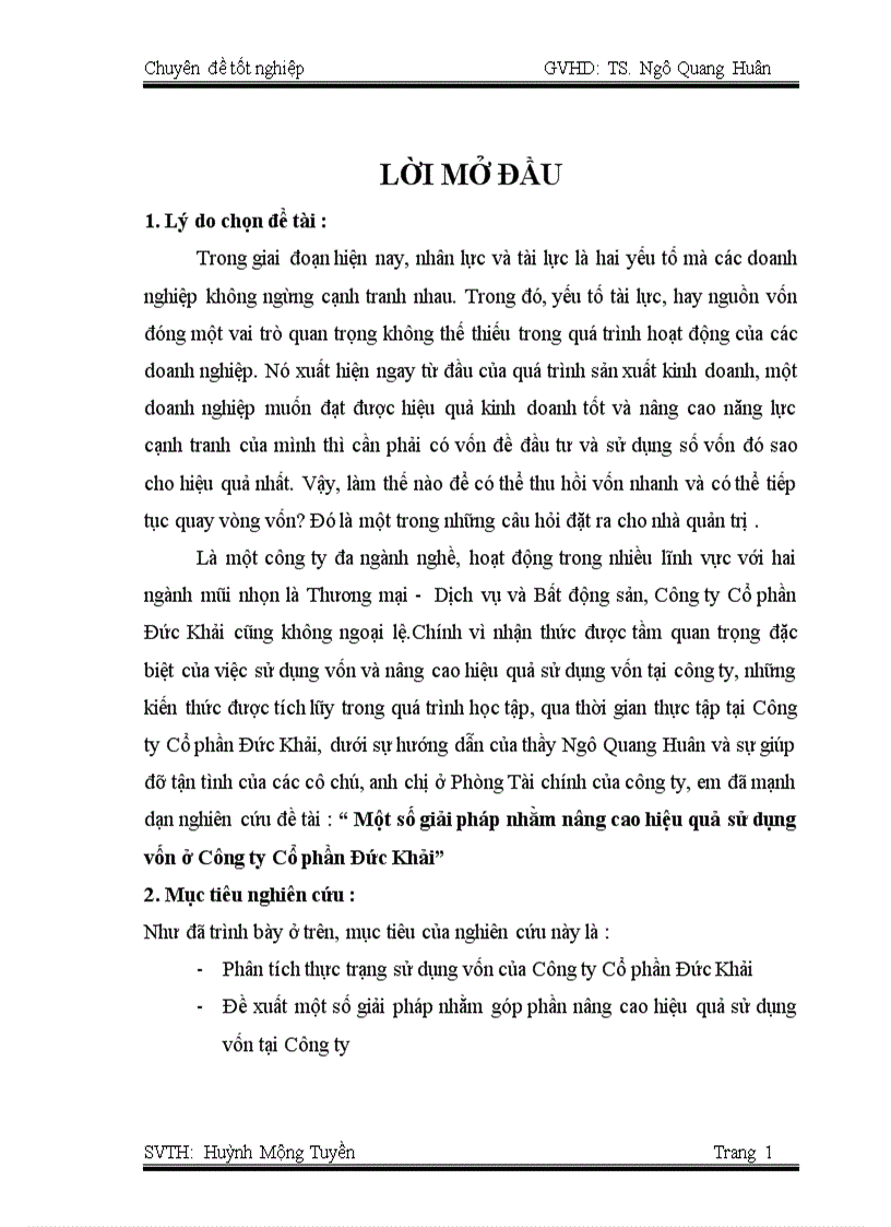 Một số giải pháp nhằm nâng cao hiệu quả sử dụng vốn ở Công ty Cổ phần Đức Khải