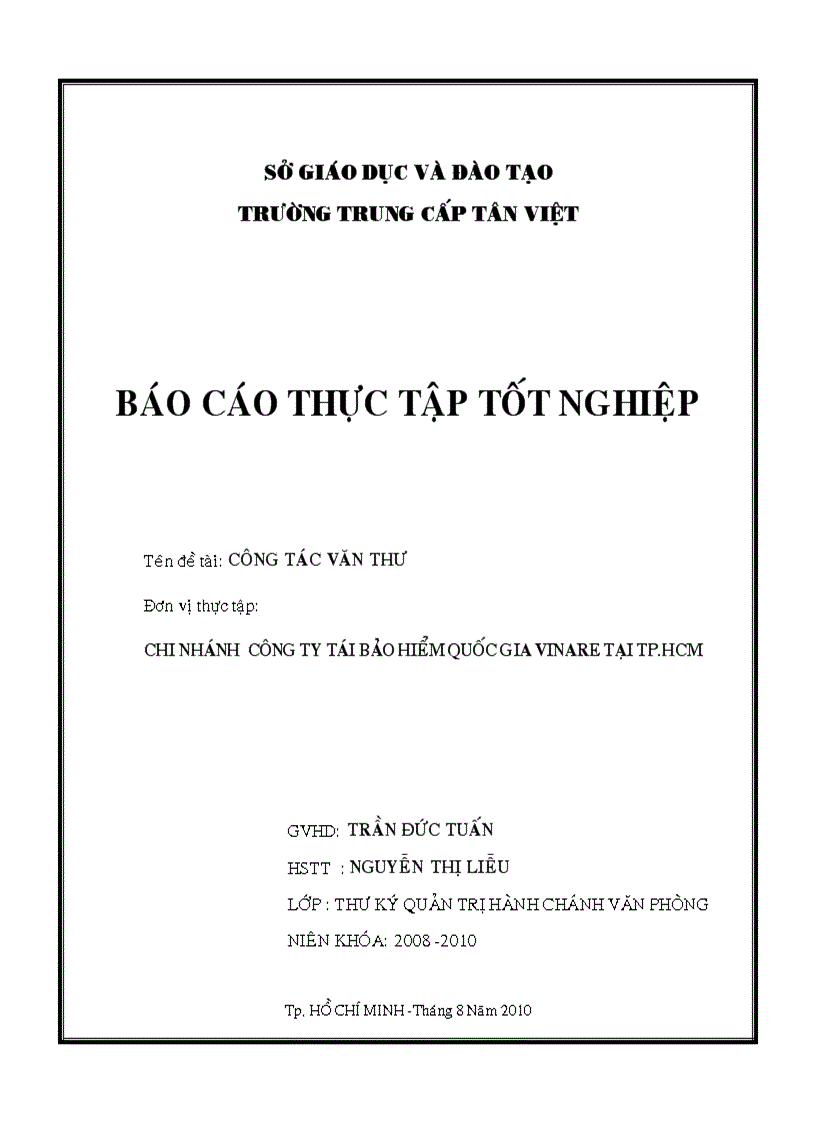 Báo cáo thực tập tại Chi nhánh Tổng Công ty cổ phần tái bảo hiểm quốc giaVINARE tại TP HCM