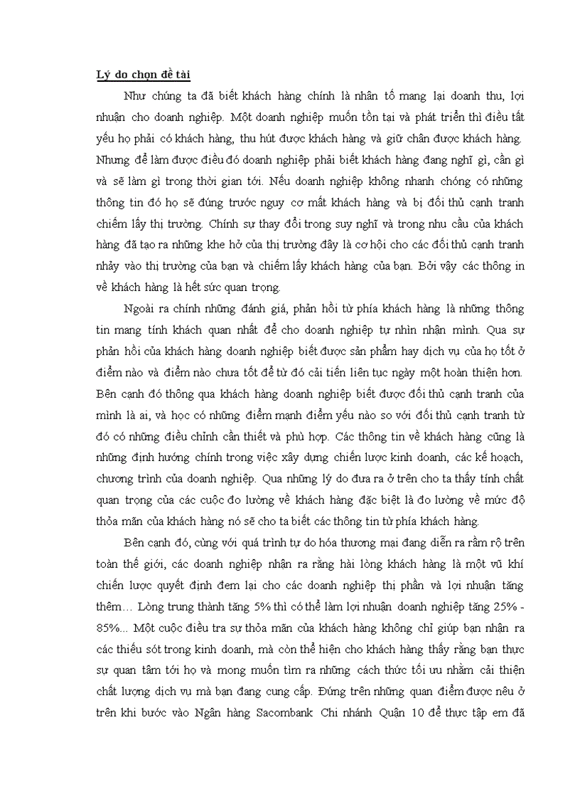 Do lường mức độ thỏa mãn của khách hàng đối với dịch vụ của Ngân hàng Sacombank Chi nhánh Quận 10