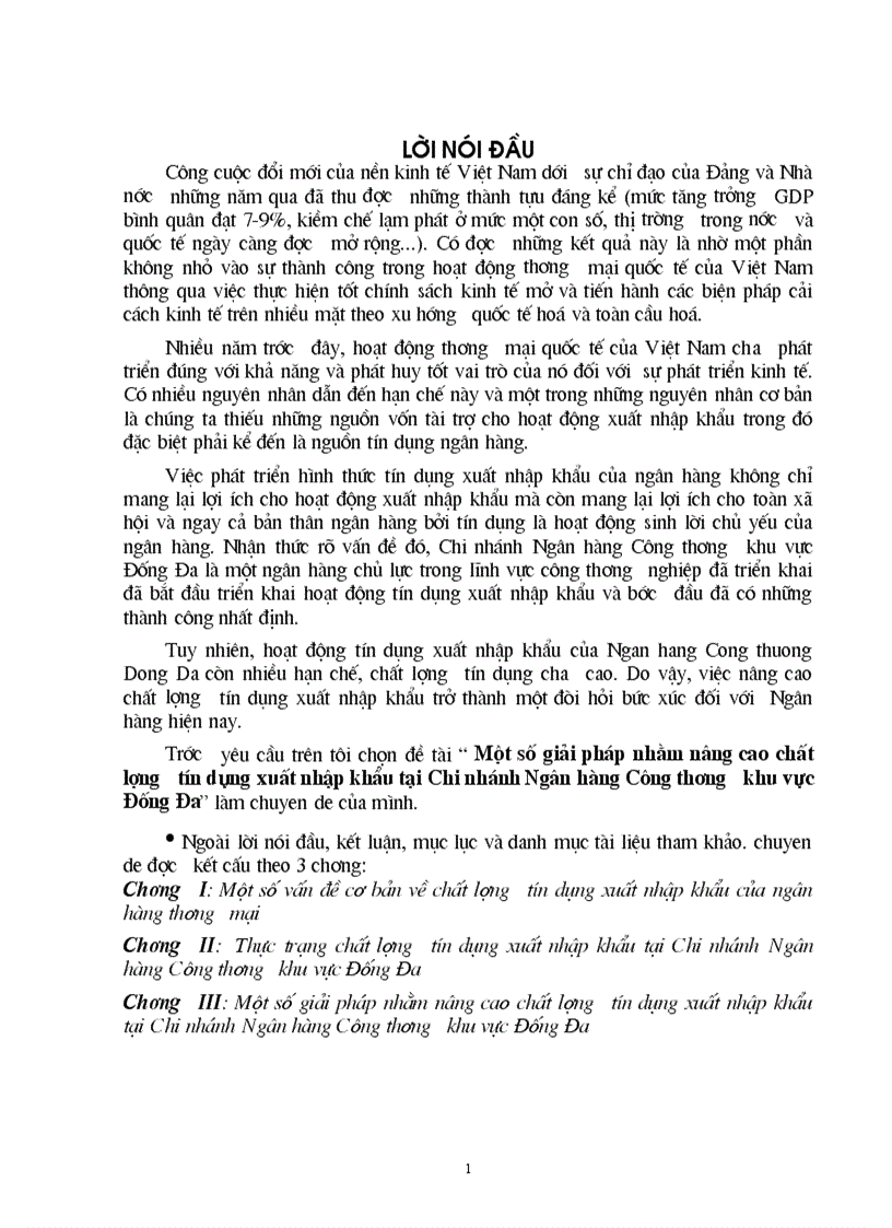 Một số giải pháp nhằm nâng cao chất lượng tín dụng xuất nhập khẩu tại Chi nhánh Ngân hàng Công thương khu vực Đống Đa