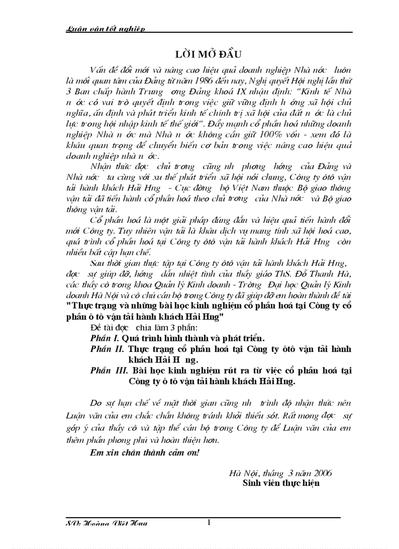Thực trạng và những bài học kinh nghiệm cổ phần hoá tại Công ty cổ phần ô tô vận tải hành khách Hải Hưng 1