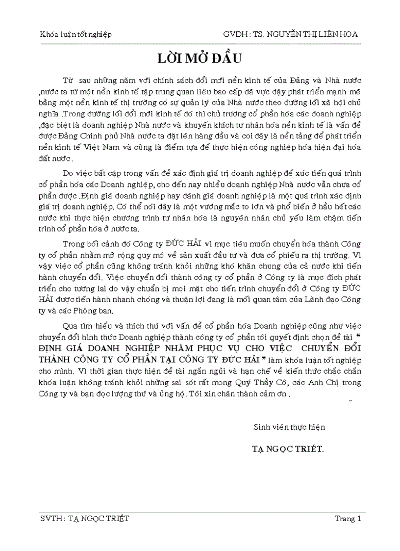 Định giá doanh nghiệp nhằm phục vụ cho việc chuyển đổi thành công ty cổ phần tại công ty đức hải 1