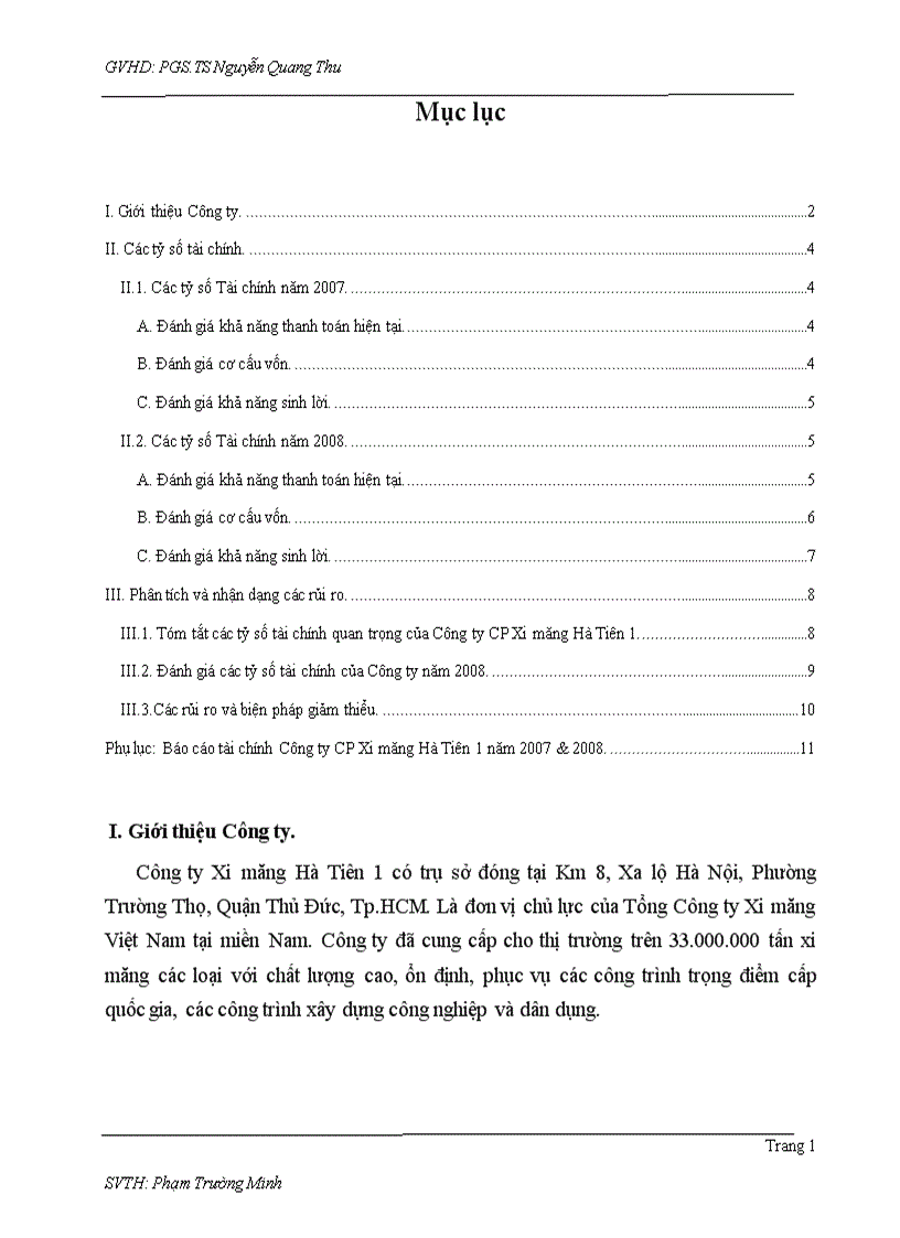 Tóm tắt các tỷ số tài chính quan trọng của Công ty CP Xi măng Hà Tiên