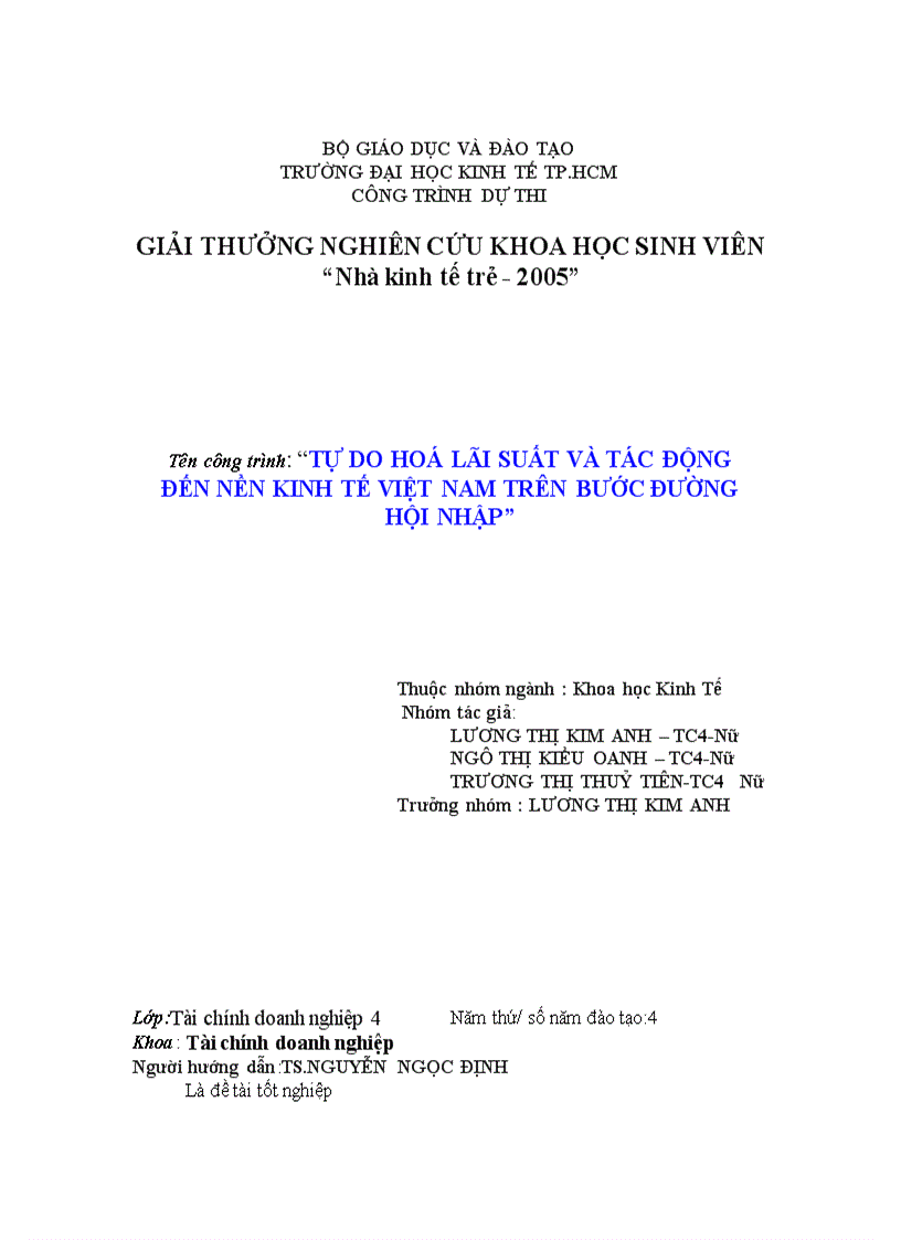 Tự do hốa lãi suất và tác động đến nền kinh tế việt nam trên bước đường hội nhập