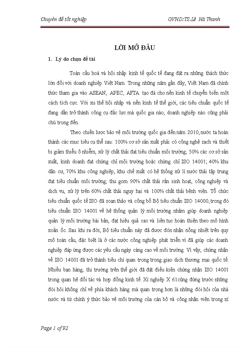 Cơ hội và khả năng áp dụng ISO 14001 tại các doanh nghiệp Việt Nam Trường hợp xí nghiệp X61 Sơn Tây Hà Nội