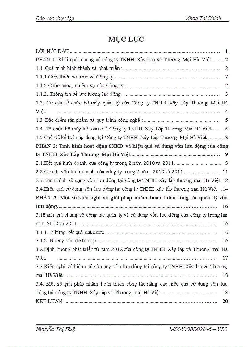 Tình hình hoạt động SXKD và hiệu quả sử dụng vốn lưu động của công ty TNHH Xây Lắp Thương Mại Hà Việt